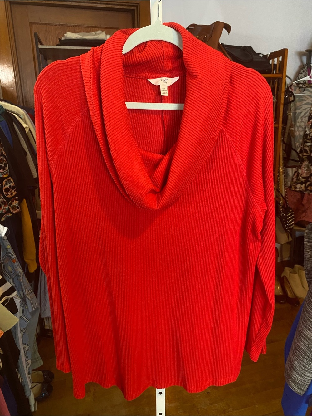 Terra & Sky Bright Red Ribbed Cowl Neck Sweater